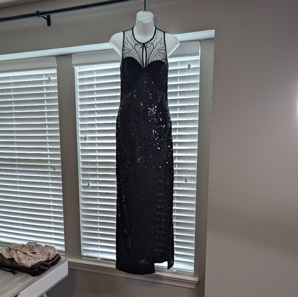 RARE NITELINE Della Roufogali Black Beaded Sequin Maxi/Midi Dress Vintage Size 4 - Picture 3 of 16